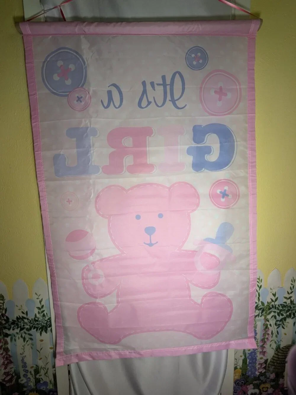 VTG It's A Girl Garden Flag Large Banner Pink Teddy Bear Polka Dot Baby Shower